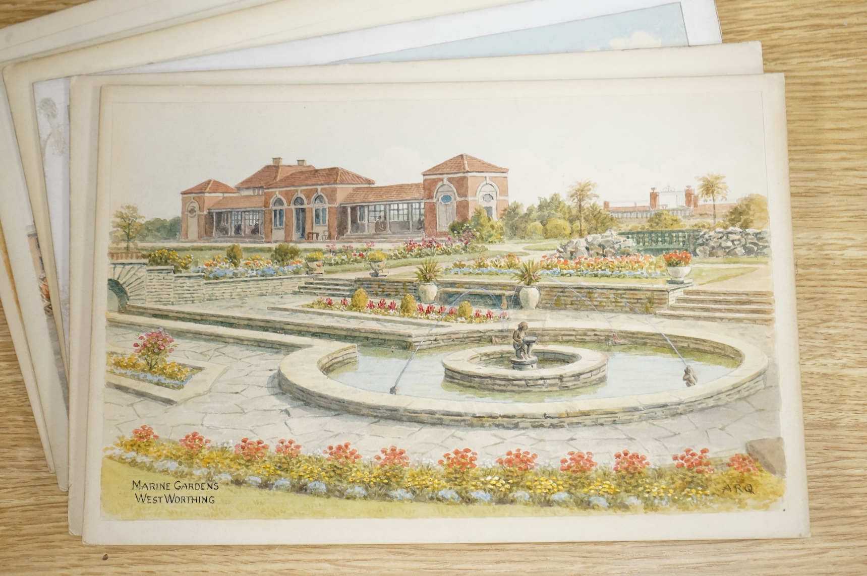 Alfred Robert Quinton (1853-1934), a set of six original watercolours for post card designs, Sussex coast views to include West a parade Bognor, Beachy Head, Eastbourne and Marine Gardens, West Worthing, each signed and